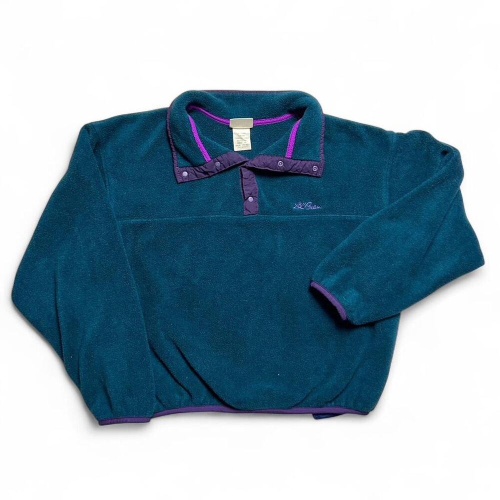L.L. Bean Vintage 90s USA made Snap Fleece Sweater Pullover Teal Womens Medium